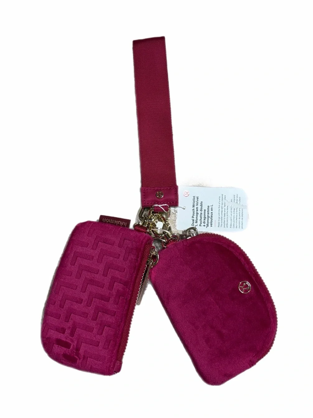 NWT Lululemon Dual Pouch Wristlet *Monogram Velvet (Berry Rumble/Gold)
